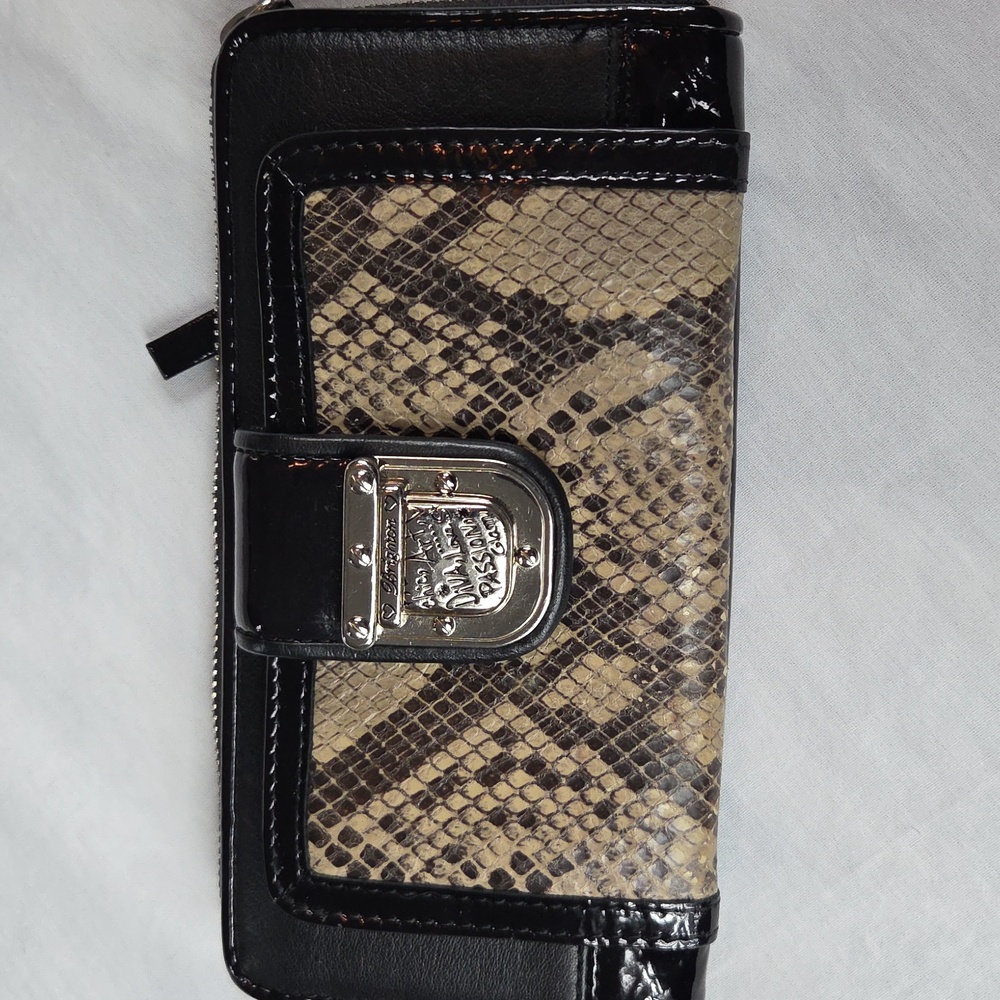 BRIGHTON NWT Snakeskin Patent Leather Black White Tan Red Poka Dot Large Wallet
